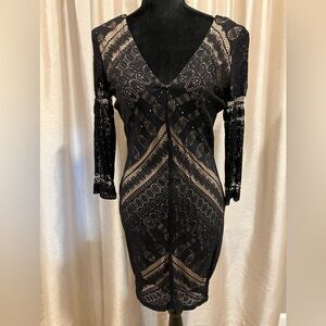 Black mesh and lace V neck dress